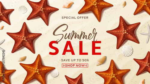 Summer sale promo vector background. Summer banner with top view on realistic seashells and starfishes on sea beach. Vector illustration with special discount offer.