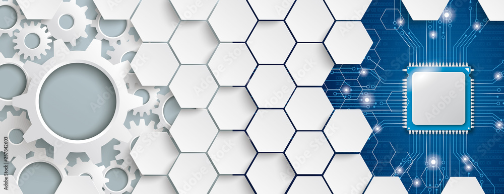 White Hexagon Structure Gears Microchip Header - obrazy, fototapety, plakaty 