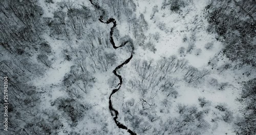 Aerial view of snow covered landscape with trees and river