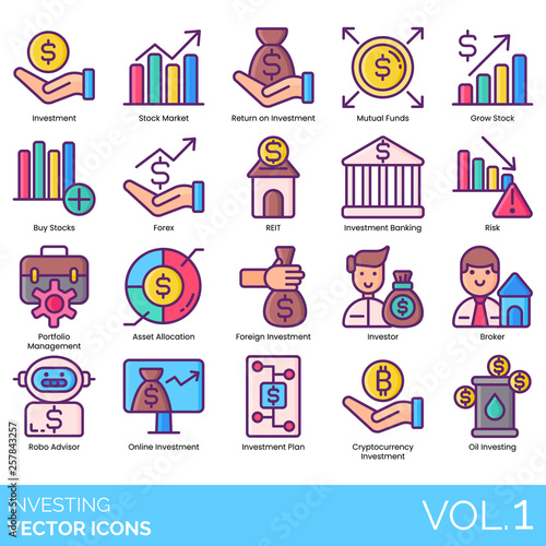 Investing icons including investment, stock market, return, mutual funds, grow, buy, forex, REIT, banking, risk, portfolio management, asset allocation, foreign, investor, broker, robo advisor, online