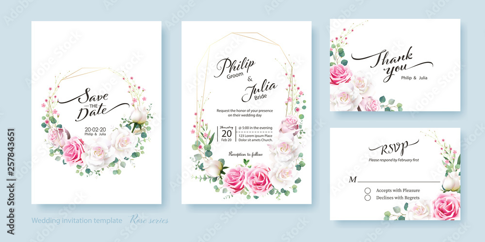 Floral wedding Invitation card, save the date, thank you, rsvp template. Vector. White and pink rose flower, silver dollar plant, olive leaves, Wax flower.