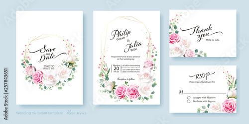 Floral wedding Invitation card, save the date, thank you, rsvp template. Vector. White and pink rose flower, silver dollar plant, olive leaves, Wax flower.