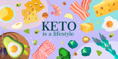 Vector illustration for a banner or other promotional materials. Ketogenic diet products on a colorful background. A set of healthy food.