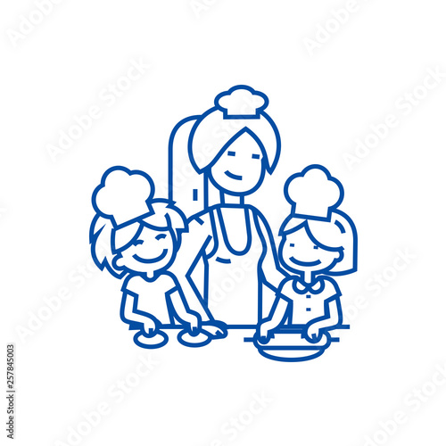 Woman cooking with kids line concept icon. Woman cooking with kids flat  vector website sign, outline symbol, illustration.