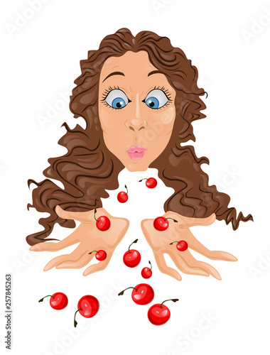 Curly woman eating fresh cherry Vector cartoon characters