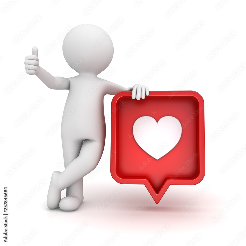 3d man standing and showing like thumbs up with red social media notification love like heart icon pin isolated on white background with shadow 3D rendering 3d man standing and showing like thumbs up with red social media notification love like heart icon pin isolated on white background with shadow 3D rendering