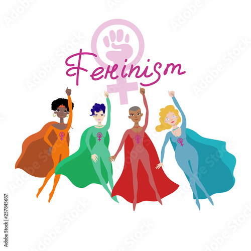 Feminist poster with four female superheroines vector