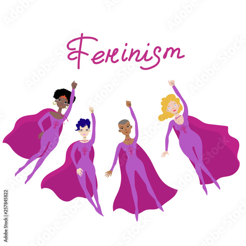 Feminist poster with four female superheroines vector