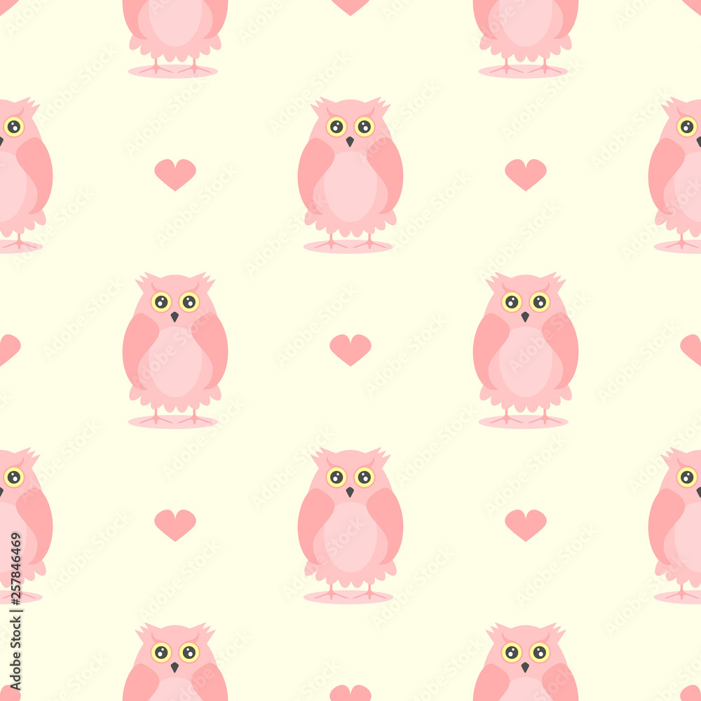 Seamless pattern with cute owls and hearts. Stylish girl print. Seamless pattern with cute owls and hearts. Stylish girl print.