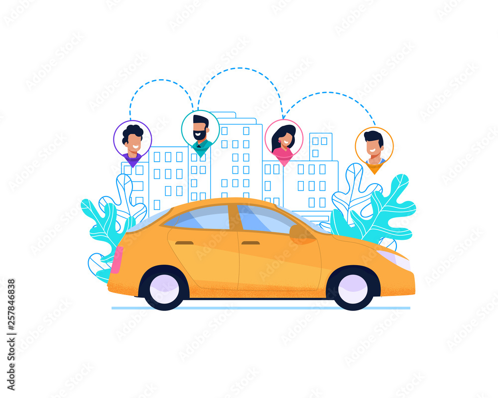 Yellow Car on Route in City. Carsharing Cartoon. Yellow Car on Route in City. Carsharing Cartoon.