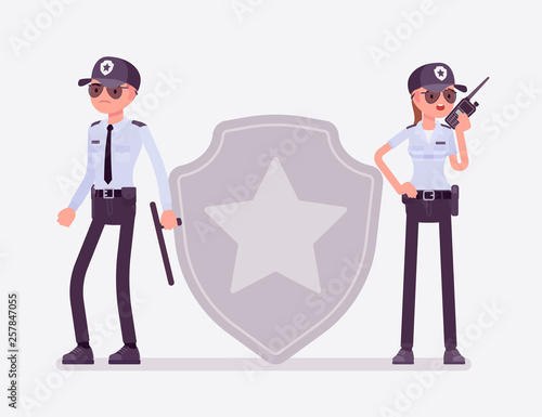 Security sign and guard officers. Male and female workers in uniform employed for protection of a person, building, organization, standing near giant badge, professional star sign. Vector illustration