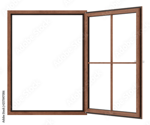 open wooden window isolated on white background