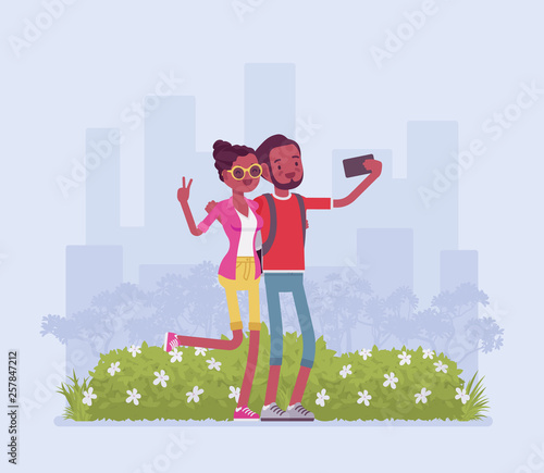 Tourists taking selfie. Young happy black pair travelling, visiting places for pleasure, making photograph with smartphone to share in social media, self-portrait photo from trip. Vector illustration
