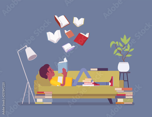 Male book reader. Young boy reads for pleasure lying on sofa, enjoys free time around literary pages of stories, novels, open volumes floating above, home interior or library room. Vector illustration