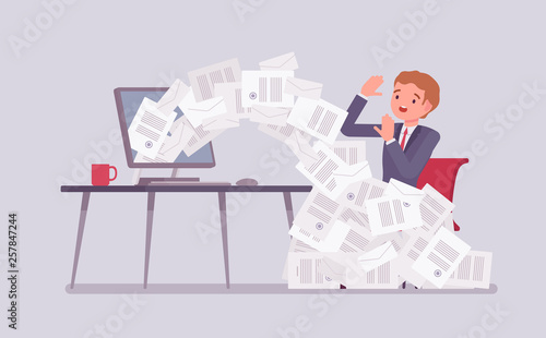 Paper avalanche for businessman. Male office worker overloaded with paperwork from computer, heap of business letters and online documents, busy clerk in routine, bureaucracy. Vector illustration