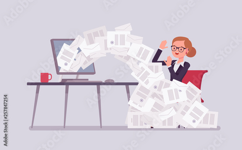 Paper avalanche for businesswoman. Female office worker overloaded with paperwork from computer, heap of business letters and online documents, busy clerk in routine, bureaucracy. Vector illustration