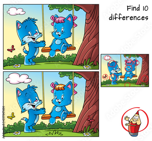 Tree with swing and two happy little cats. Find 10 differences. Educational matching game for children. Cartoon vector illustration