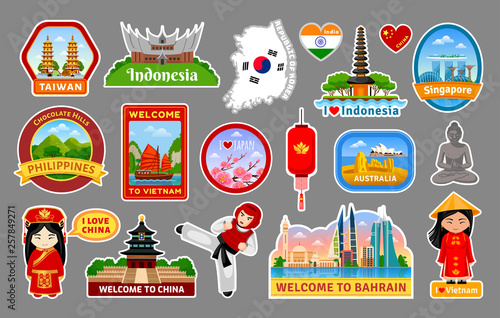 Big collection of travel stickers, symbols and landmarks of the Asia. Taiwan, Vietnam, China, Japan, Korea and Australia. Indonesia, Singapore, Philippines, Bahrain and India. Vector illustration set