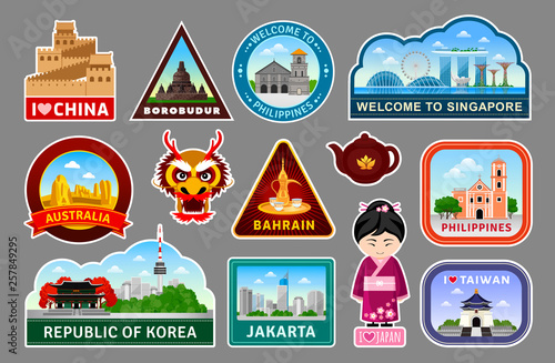 Big set of travel stickers with famous asian monuments and landmarks. Logo, symbols and labels. Taiwan, Bahrain, China, Japan and Korea. Australia, Indonesia, Singapore and Philippines.