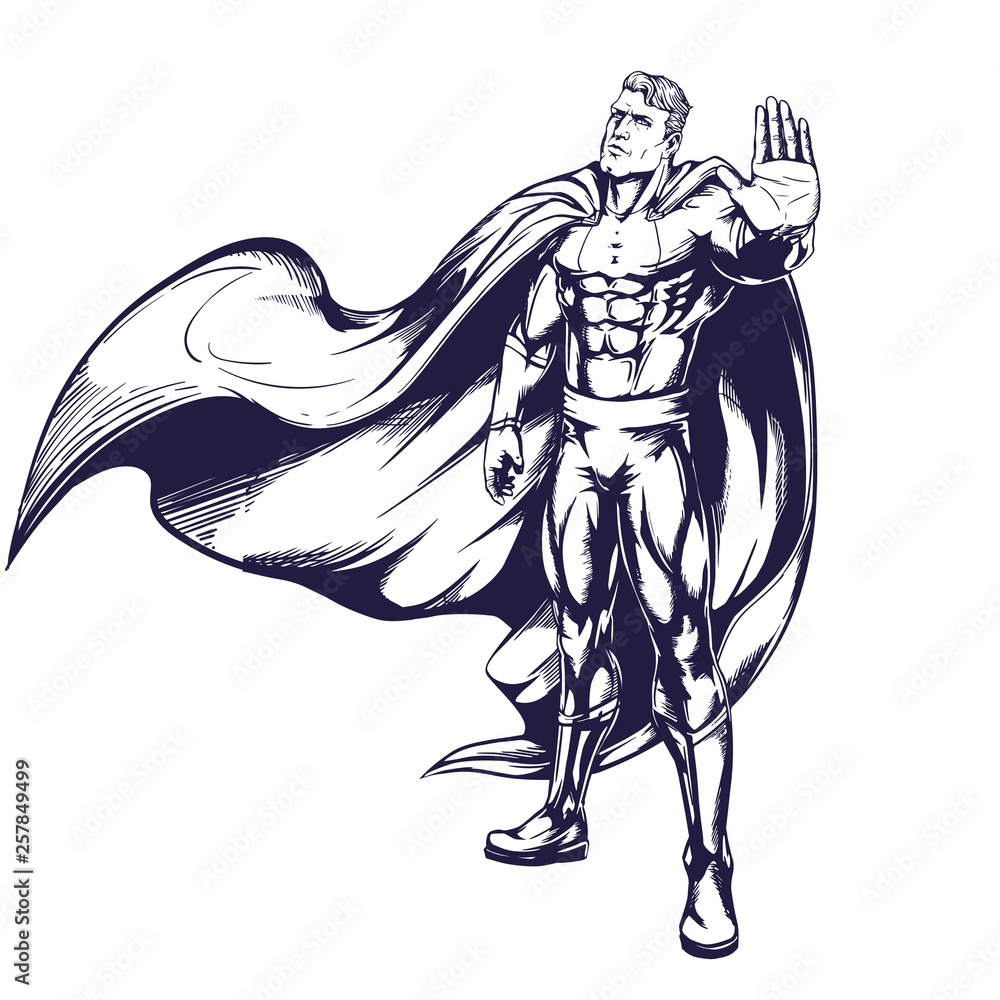 Fototapeta premium Muscular male superhero in a raincoat makes stopping hand sign