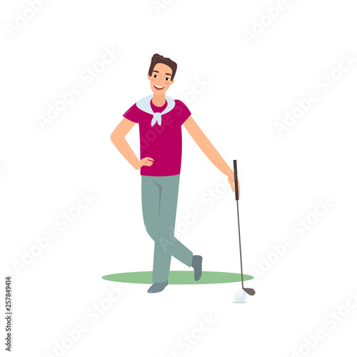 Smiling golf player standing with club satisfied good game