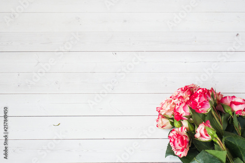 Red roses on white wooden background with copy space.