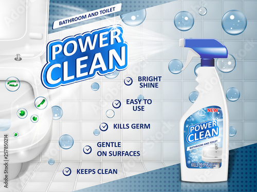 Bathroom cleaners ad poster, spray bottle mockup with detergent for bathroom sink and toilet with bubbles. 3d Vector illustration