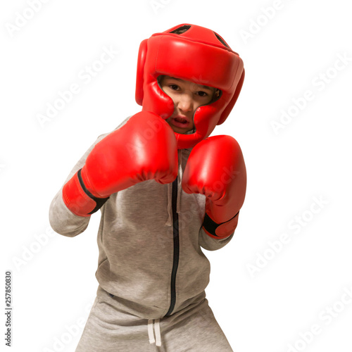 Young sportsman boxer fighting in gloves in boxing. Isolated on white background.