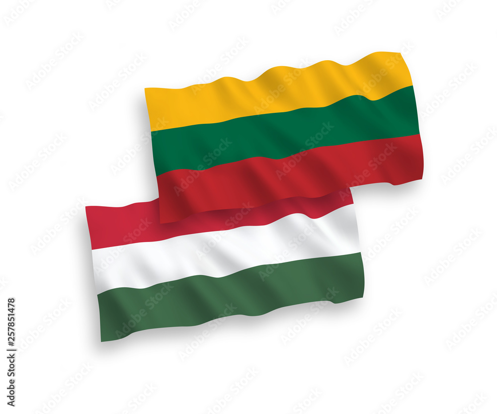 Fototapeta premium National vector fabric wave flags of Lithuania and Hungary isolated on white background. 1 to 2 proportion.