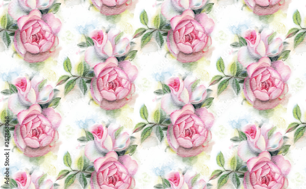 Seamless pattern with pink watercolor roses wall mural wallpaper ...