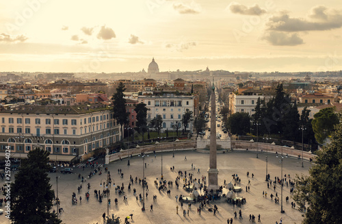 View of piazza del Popolo (Popolo square) in Rome and Santa Maria in Montesanto and Santa Maria dei Miracoli.