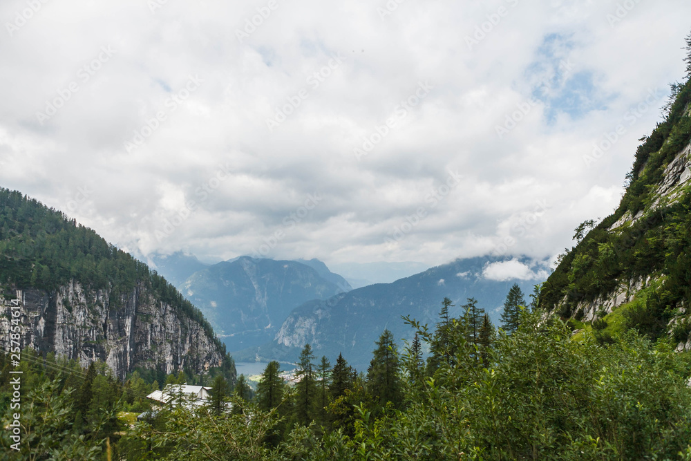 View from the Krippenstein Mountain on Obertraun, Hallstatt and Hallstattersee in the Austrian Alps.