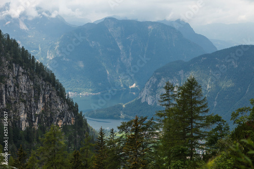 View from the Krippenstein Mountain on Obertraun, Hallstatt and Hallstattersee in the Austrian Alps.