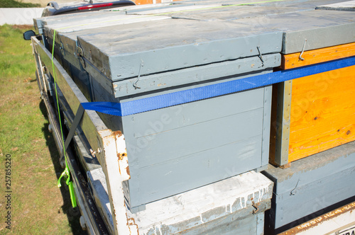 Trailer load with wooden hives ready to move photo