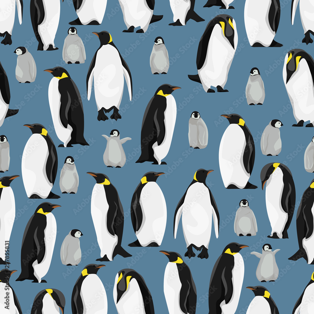 Fototapeta premium Seamless pattern. Emperor penguins and their chicks in different poses on a blue background. Realistic birds of the Antarctic. Vector for packaging, paper, prints and cards