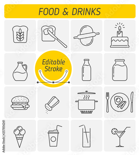 The food and drink outline vector icon set. The meal, nutrition, eating and ingestion. The cooking food, ingredients and fresh beverage symbols. Thin linear vector icons with editable strokes width.