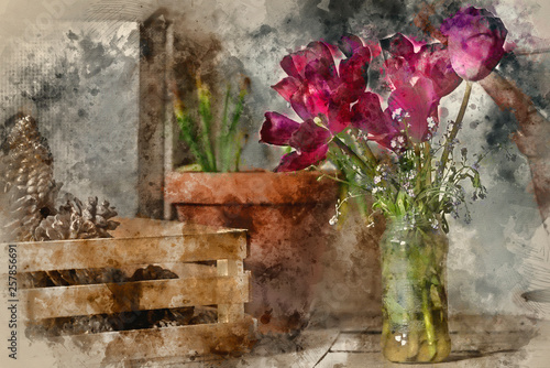 Εκτύπωση καμβά Watercolour painting of Beautiful old vintage English countryside garden potting