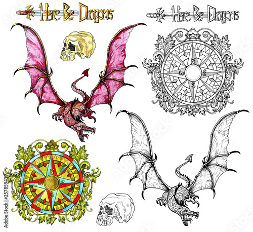 Design set with fantasy flying dragon, baroque compass, skull isolated on white. Watercolor nautical doodle illustration, fantasy adventure and vintage transportation concept