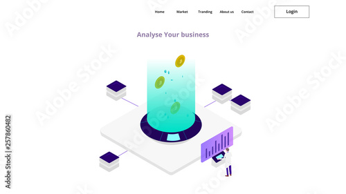 Cryptocurrency and blockchain isometric 3d with analysts data