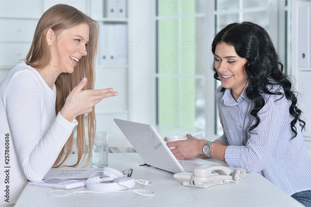 Portrait of two young women working at office with laptop Portrait of two young women working at office with laptop