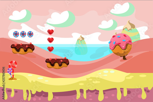 Vector design for background of fantasy game. Sweet land. Fairy tale landscape with chocolate glazed blocks  candies  ice-cream tree and whipped cream