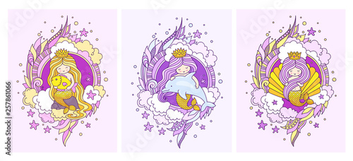Gorgeous mermaids with dolphin, fish. Cartoon character. Under the sea. Vector illustration for print, poster, banner and t-shirt.