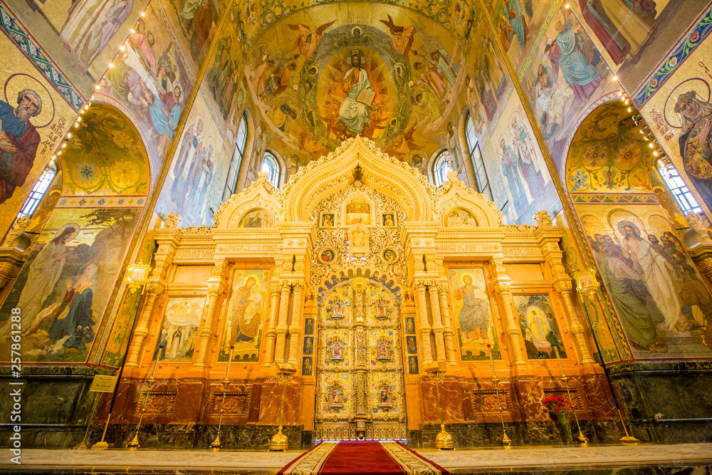 Interior, church of Savior on the Spilled Blood. 1880s church with vibrant, lavish design - Saint Petersburg, Russia