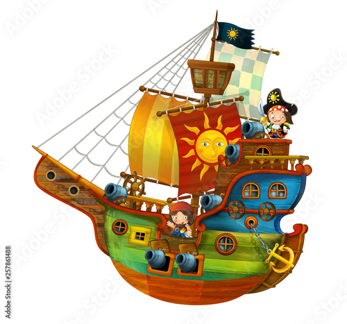 Cartoon pirate ship with cannons on white background - illustration for the children