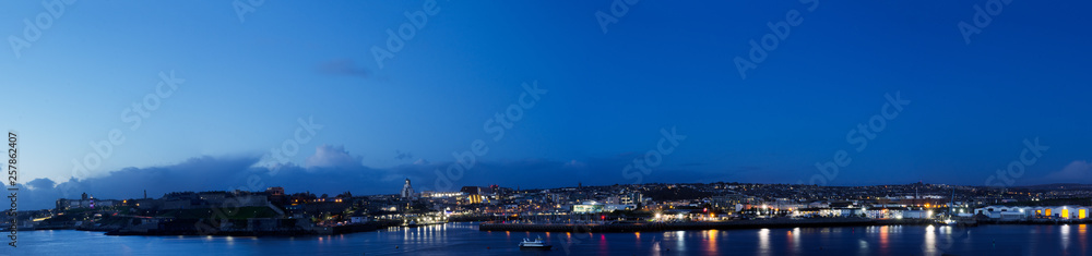 Blue hour panorama of Plymouth, UK