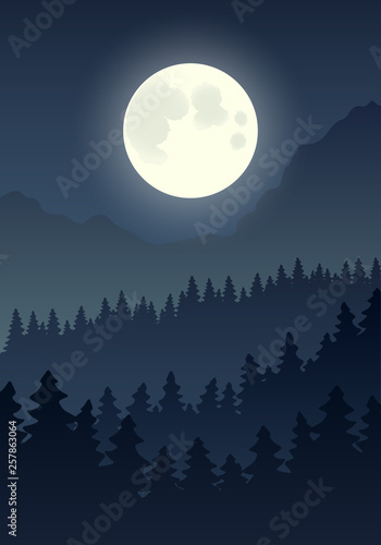 Illustration of the misty forest in mountains.