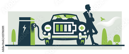 Illustration of electric car being recharged, the front grille is a battery icon