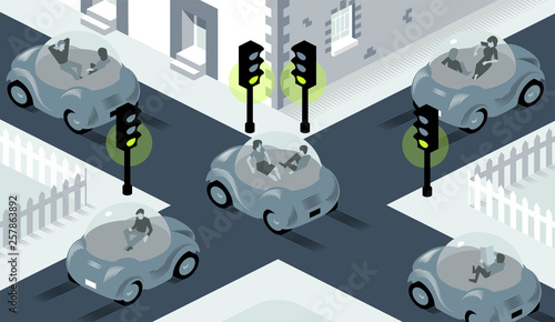 Illustration of self driving cars crossing on busy intersection, where lights are all set to green