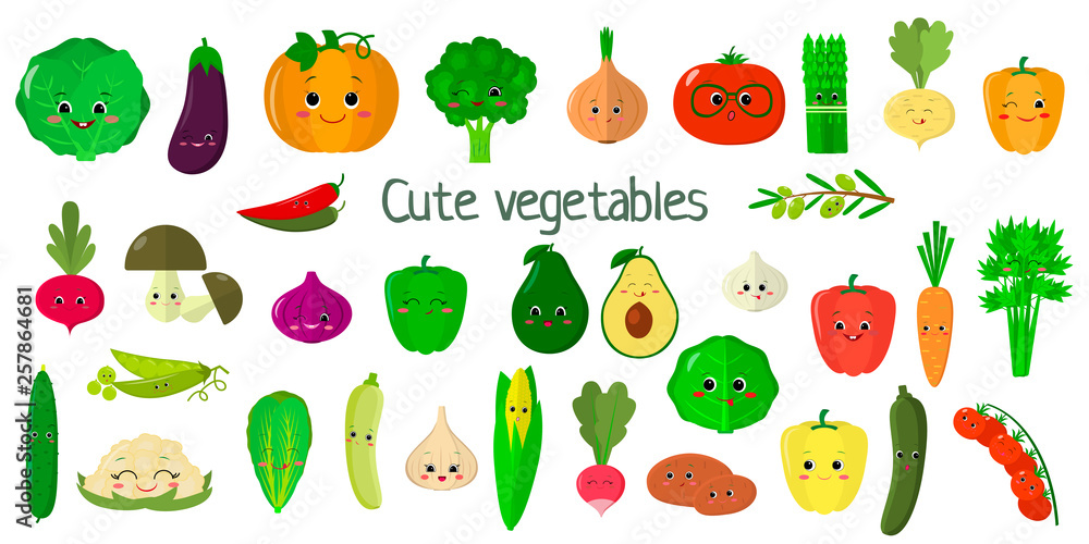 Kawai cute vegetables and herbs, the faces of the characters mega set of twenty seven elements. For your design of cards, scrapbooking, crafting. Cartoon, flat design, vector illustration Kawai cute vegetables and herbs, the faces of the characters mega set of twenty seven elements. For your design of cards, scrapbooking, crafting. Cartoon, flat design, vector illustration