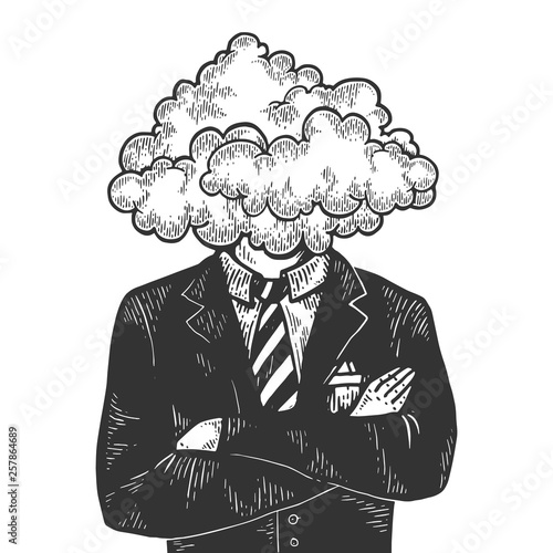 Cloud head businessman sketch engraving vector illustration. Scratch board style imitation. Black and white hand drawn image.